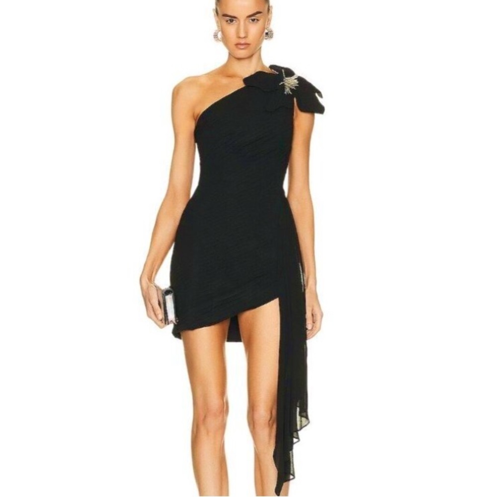 PatBO One Shoulder Black Mini Dress Flower Appliqué